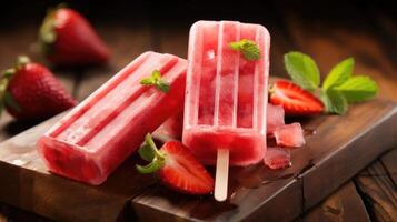 Dive into a velvety smooth popsicle made from luscious strawberries blended with velvety yogurt and accented with a hint of fragrant rosewater for an elegant and sophisticated treat. photo