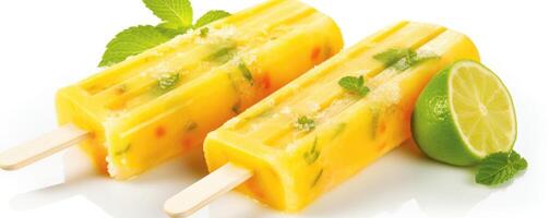Delight in a tropical popsicle infused with sweet mango puree and complemented by a sprinkle of tangy lime zest, evoking the vibrant flavors of a tropical paradise with each refreshing photo