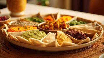 The camera pans over an artistic display, revealing an array of injera slices dd casually on vibrant platters, inviting guests to eagerly assemble their own unique combination of savory photo