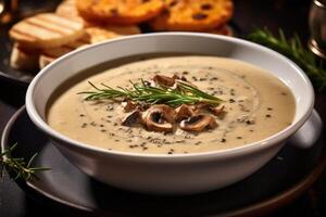 Discover the perfect blend of textures and flavors in a truffleinfused wild mushroom soup, where every sful reveals the earthy and velvety essence of truffle mingling with the earthiness photo