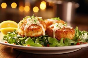 A creative food shot showcases a generous serving of crab cakes, perfectly browned and adorned with a dollop of tangy lemon aioli. The cakes rest on a bed of mixed greens, adding a photo