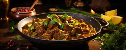 In this visually stunning shot, a serving of aromatic lamb curry takes center stage. The tender chunks of slowcooked lamb are steeped in a fragrant blend of es, with the vibrant yellow photo