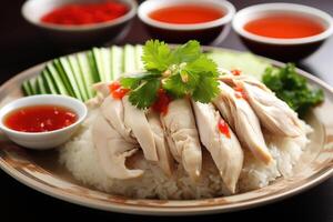 An enticing photograph of Hainanese Chicken Rice, revealing perfectly poached chicken served on a bed of fragrant, fluffy rice cooked with chicken broth, accompanied by a trio of dipping photo