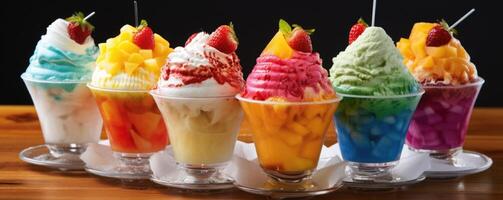A tempting food shot displays a mouthwatering array of vibrant Shaved Ice desserts. A mountain of fluffy shaved ice is generously drizzled with various sweet syrups, adorned with fresh photo