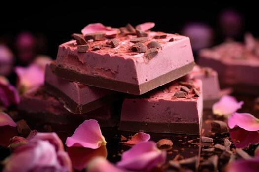 An aesthetically pleasing image showcasing a tantalizingly light and fluffy raspberryinfused marshmallow dusted with a delicate layer of rose petals, enveloped in a rich, semisweet dark photo