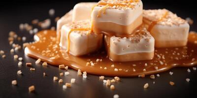 A visually stunning image capturing a plump, vanilla beanspeckled marshmallow dipped in a glossy layer of handmade salted caramel, delicately garnished with a sprinkle of handcrushed sea photo