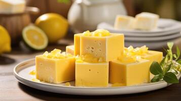 A tempting closeup of a handmade marshmallow infused with the flavors of tangy passion fruit, dipped in a layer of tart lemon curd, and artistically finished with a drizzle of tangy photo