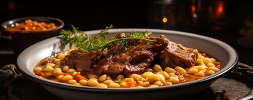 A closeup shot of a fragrant plate of porotos con riendas captures the essence of this ribsticking stew. Hearty white beans mingle with al dente pasta, creating a delightful textural photo