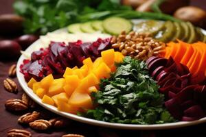 A vibrant plate of pkhali, an assortment of vegetablebased p t s, displaying an array of colors and textures, with each bite offering a different combination of flavors, from earthy beets photo