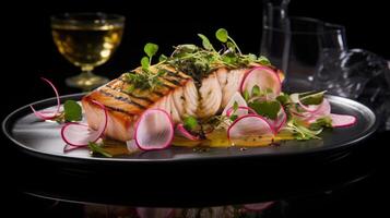 An enticing platter showcasing smoky chunks of grilled marlin, marinated in a tantalizing blend of lemon zest, dill, and a touch of olive oil. The flaky fish is served alongside a vibrant photo