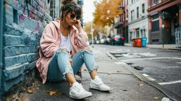 casual y acogedor permanecer acogedor y elegante con un de gran tamaño pastel rosado universidad chaqueta, un básico blanco tanque arriba, y rasgado novio pantalones para un cómodo aún moda vanguardista mirar. foto