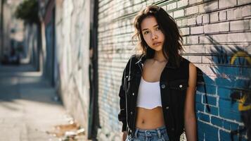 Edgy Elegance Add some edge to your outfit with a black cropped varsity jacket, a simple white tank top, and torn boyfriend jeans for a juxtaposition of styles. photo