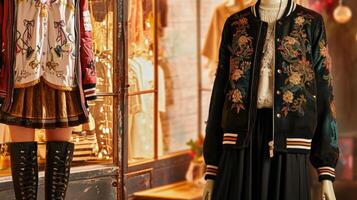 Vintage Vibes Add a touch of nostalgia to your outfit with this combination of an embroidered varsity jacket, midi bodycon dress, and classic ankle boots, evoking a sense of timeless photo