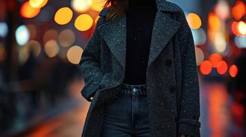 Effortlessly cool Channel your inner model offduty with this ensemble featuring an androgynous long coat, black turtleneck, and straightleg jeans. photo