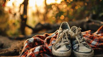 Earthy Vibes Embrace nature in this outfit featuring a vintage flannel shirt, a classic white tee made from organic cotton, and ecofriendly slipon shoes. photo