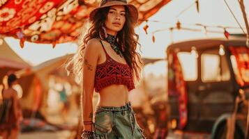 festival frenesí hacer un declaración a Coachella con un atado fluido carga falda, un tejer recortado camisola, y fornido alpargatas para un divertido y de moda atuendo. foto