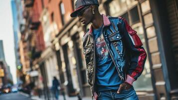 The varsity jacket gets a fashionforward update with a chic fusion of leather and denim, while a playful graphic tee adds a touch of personality to the overall look. photo