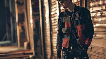 Mix and match patterns and textures with a patchwork varsity cardigan, graphic tee, and leather pants for a bold and edgy fashion statement. photo