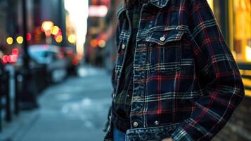 Effortless and versatile, this wool varsity jacket, oversized flannel, and classic straightleg denim combination is a musthave for any fashionforward individual. photo