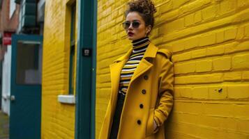 Retro and playful A vintageinspired long varsity coat in a bright mustard color paired with a striped turtleneck sweater and highwaisted skinny trousers for a playful yet retro look. photo