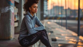Athletic elegance Upgrade your workout look with a sleek varsitystyle hoodie, paired with patterned leggings and minimalist running shoes. photo