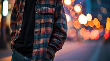 Minimalistic Edge keep it simple yet stylish with this oversized flannel shirt, genderneutral black tee, and wideleg jeans combo that embodies a minimalistic edge. photo