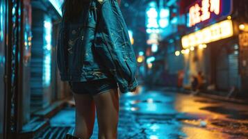 Channeling a rebellious vibe, this oversized denim bomber jacket adds a touch of edginess to a e mini dress and daring kneehigh boots. photo