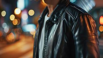 Elevate your look with a faux leather genderneutral bomber jacket, paired with a crisp white plain tee and sleek black relaxedfit denim for a sleek and sophisticated style. photo