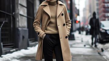 Laidback and relaxed A lightweight long varsity coat in a neutral color over a slouchy oatmeal turtleneck sweater and comfortable black skinny trousers. photo