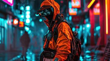 Amp up your streetwear with this techinfused ensemble, featuring a statementmaking tech accessory belt, a Bluetooth hat, and bold electronic display sneakers. photo