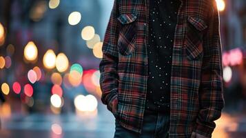 Casual Comfort stay cozy and stylish in this oversized flannel shirt, relaxed black tee, and wideleg jeans for a comfortable yet fashionable look. photo