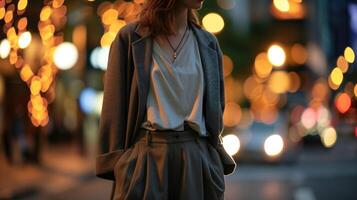 A stylish and comfortable outfit choice, consisting of an oversized grey blazer, a soft neutraltoned tee, and flowy wideleg trousers. photo