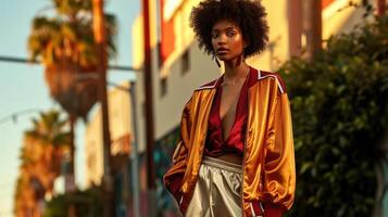 Bold and Beautiful The bold pops of color in the satin varsity bomber and silk camisole stand out against the neutral tones of the palazzo pants. photo