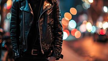 toughen up your style with a black leather jacket, graphic tshirt, and slim pants for a rebellious look. photo