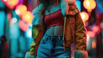 Embrace the noughties trend with a colorful faux furtrimmed moto jacket, paired with a crop top, lowrise jeans, and chunky sneakers for a playful and nostalgic look. photo