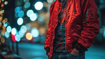 Rockstar vibes Channel your inner rebel with a bold red bomber jacket, graphic tee, and ripped black denim. photo