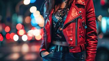A statementmaking red faux leather jacket layered over a graphic tee and highwaisted jeans for a rebelinspired streetwear ensemble. photo