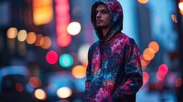 A hoodie made from reclaimed fabric, featuring bold graphics and accents of upcycled materials for a modern, ecofriendly look. photo