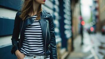 Preppy punk combine a classic striped tee with a navy moto jacket and white jeans for a unique twist on preppy style. photo