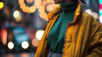 A uni bomber jacket in a bold color, layered over a turtleneck and tailored pants for a genderfluid look that combines sportswear and sophistication. photo