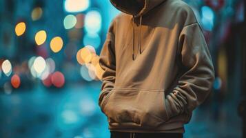 Effortlessly cool Keep it simple with an oversized beige hoodie, black joggers, and white sneakers for an effortlessly cool and comfortable outfit. photo