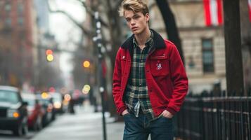 Bring a touch of collegiate style to your wardrobe with a wool varsity jacket, oversized flannel shirt, and timeless straightleg denim. photo