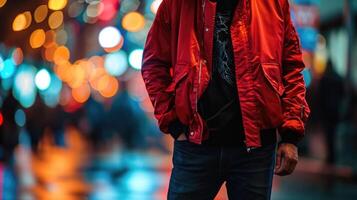 Bold and fearless Stand out in a crowd with a vibrant red bomber jacket, black graphic tee, and eyecatching dark jeans. photo