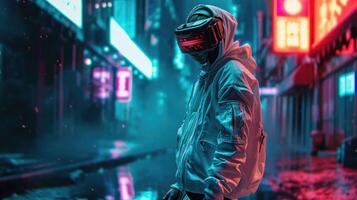 Step into the future with confidence in this ensemble, complete with hightech augmented reality glasses, a digitally enhanced hoodie, and innovative techinfused boots. photo