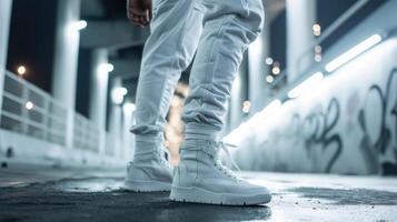 Sleek in all white Take monochromatic streetwear to the next level with an allwhite outfit, consisting of a white tshirt, white joggers, and white hightop sneakers. photo