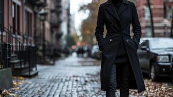 Effortlessly elegant A sleek black long varsity coat, layered over a cashmere turtleneck sweater and tailored black skinny trousers for a sophisticated and elegant look. photo