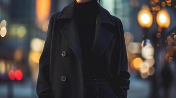 Casually cool Effortlessly cool and comfortable, this androgynous long coat, black turtleneck, and straightleg jeans combination is perfect for a casual yet fashionable look. photo