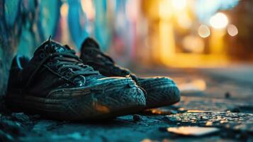 A pair of sneakers reconstructed from old tires, showcasing the potential of upcycling in the world of streetwear. photo