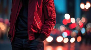 Sleek and stylish Make a statement with a streamlined look featuring a red bomber jacket, black tee, and perfectly fitted dark jeans. photo
