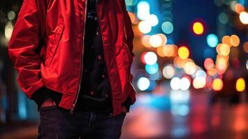 Classic meets modern A red bomber jacket adds a pop of color to a timeless combo of black graphic tee and dark jeans. photo